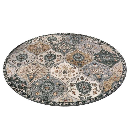 Round Moroccan Area Rug Vintage Flower Print Washable Living Room Bedroom Office