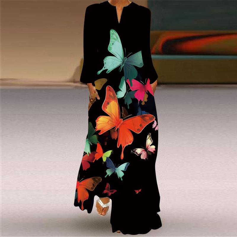 Весна Лето Женские Длинные Платья V-образный вырез Длинный рукав Карман Печатный Свободные Платья