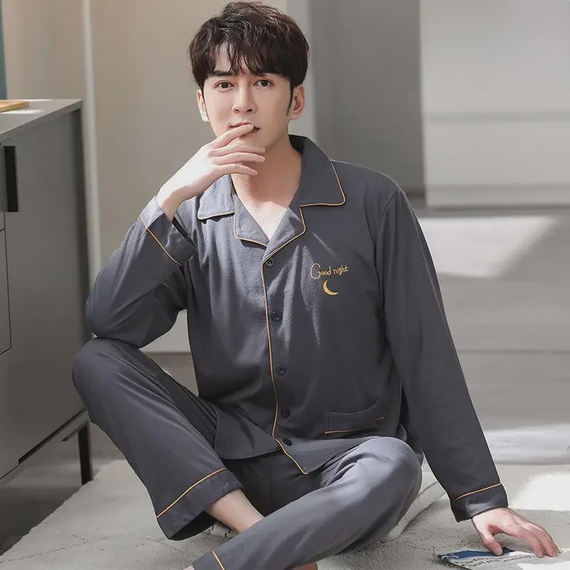 Мужская пижама-кардиган с лацканами, 100% хлопок, длинный рукав, на весну, лето и осень, размеры до 5XL