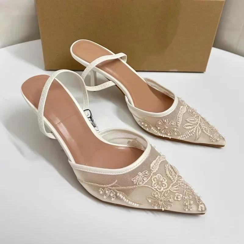 Брендовые дизайнерские белые женские свадебные туфли-лодочки с сетчатой вышивкой и цветами на ремешке сзади, сексуальные туфли на высоком каблуке для женщин