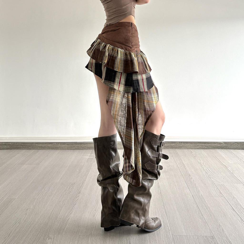 Американский уличный стиль Клетчатая пэчворк мини-юбка с низкой посадкой