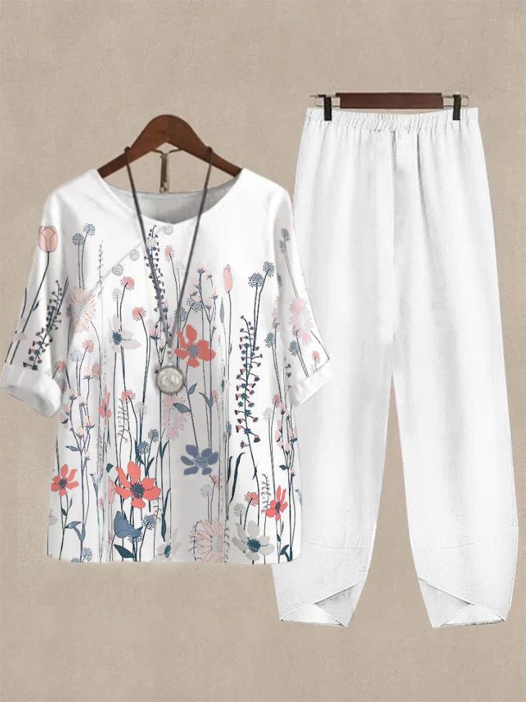 1116 New Women's Clothing Casual Crew Neck Five-Sleeve Top Digital Printing Women's Two-piece Set