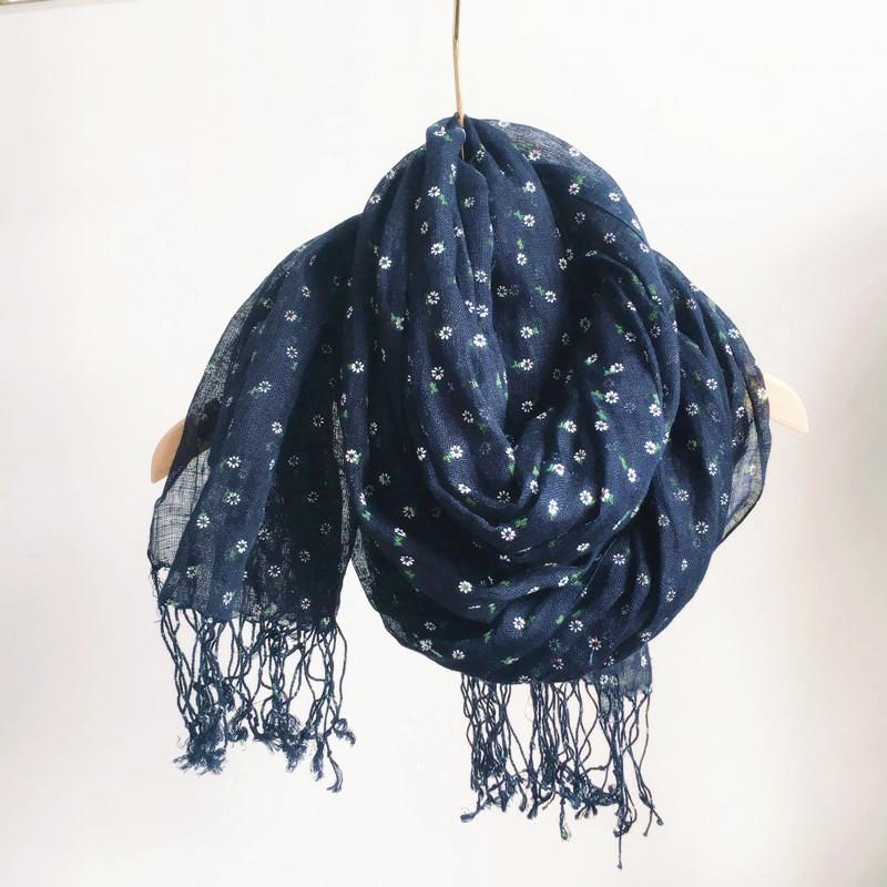 Navy Blue Scarf Japanese Style Pure Linen Printed Women'S Scarf Beach Sunscreen Silk Scarf