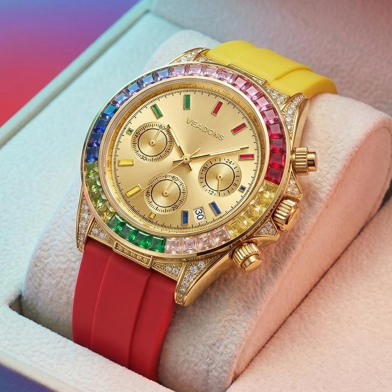 Colorful Rainbow Crystal Bezel Chronograph Watch Men Casual Sport Quartz Wristwatch with Date Function
