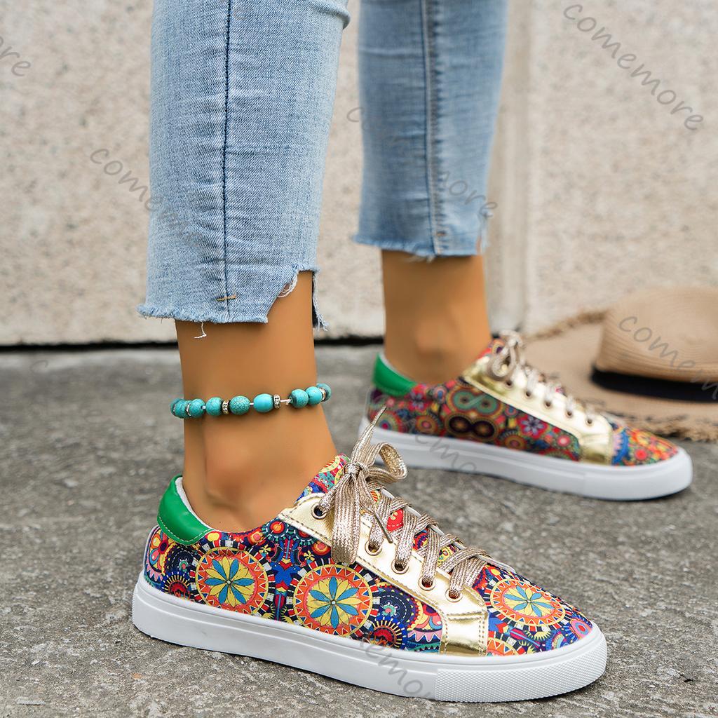 Отпразднуйте Весну Осень Новые Женские Кроссовки с Принтом Плоская Подошва Женские Удобные На Шнуровке Повседневная Обувь для Ходьбы Вулканизированная Обувь