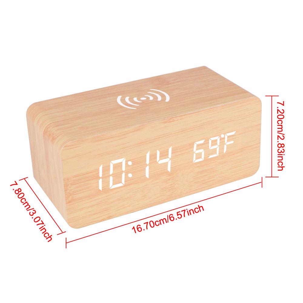 Беспроводное зарядное устройство Деревянные настольные цифровые часы Светодиодный дисплей Температура Зарядные устройства для телефонов Настольные часы Деревянный цифровой будильник