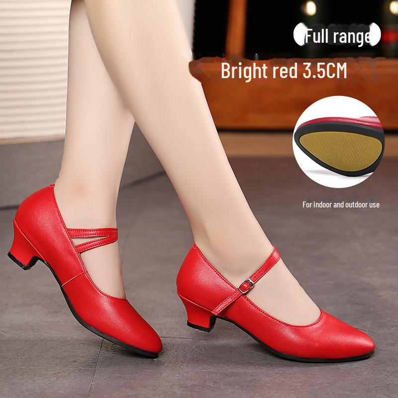 Женские туфли для латинских танцев из натуральной кожи, красная воловья кожа, мягкая подошва, средний/высокий каблук, стиль Square Dance.