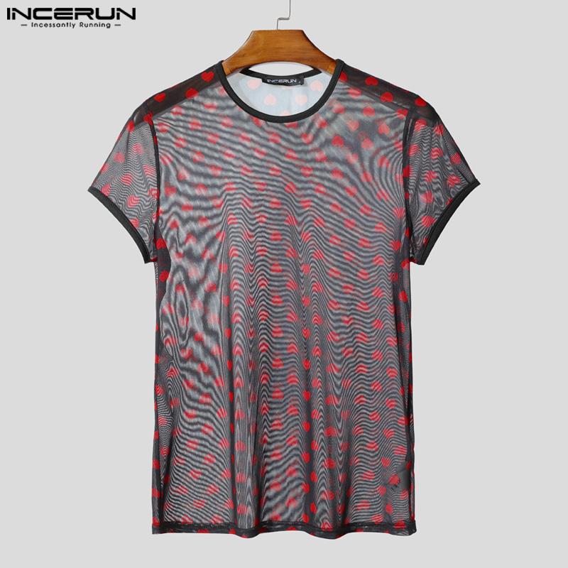 INCERUN Men Short Sleeve Mesh Sheer Print Party Club T-shirts Tee