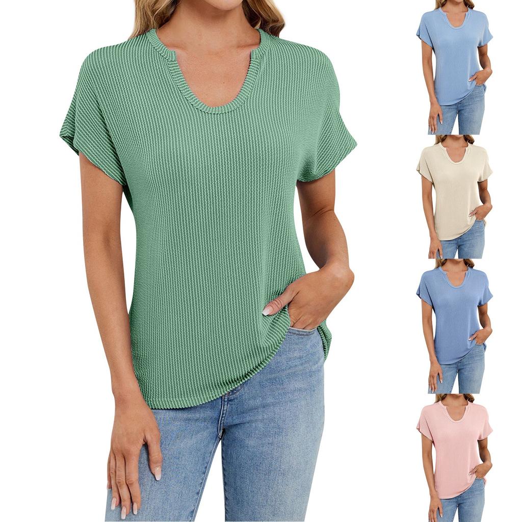 Women's Fashion Solid Color U Neck Short Sleeved Pullover Casual T-shirt Top