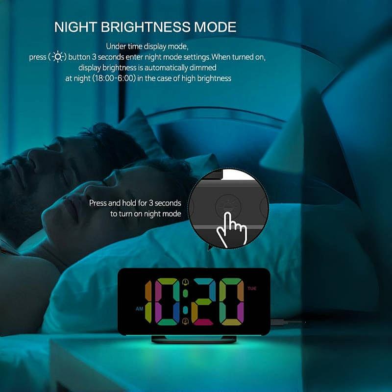 Цифровой будильник RGB с подсветкой RGB Mood Lighting, 2 будильника, ночной режим, неограниченный повтор сигнала, настольные часы, выход 12/24 ч, зарядка через USB Type-C, светодиодные часы