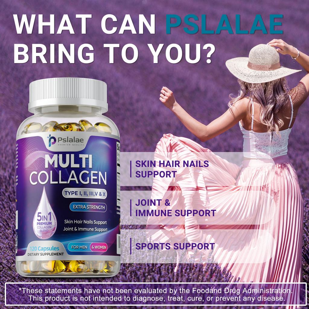 Pslalae Collagen Softgels, a natural hydrolyzed collagen peptide supplement, support hair, skin, nail, and joint health.