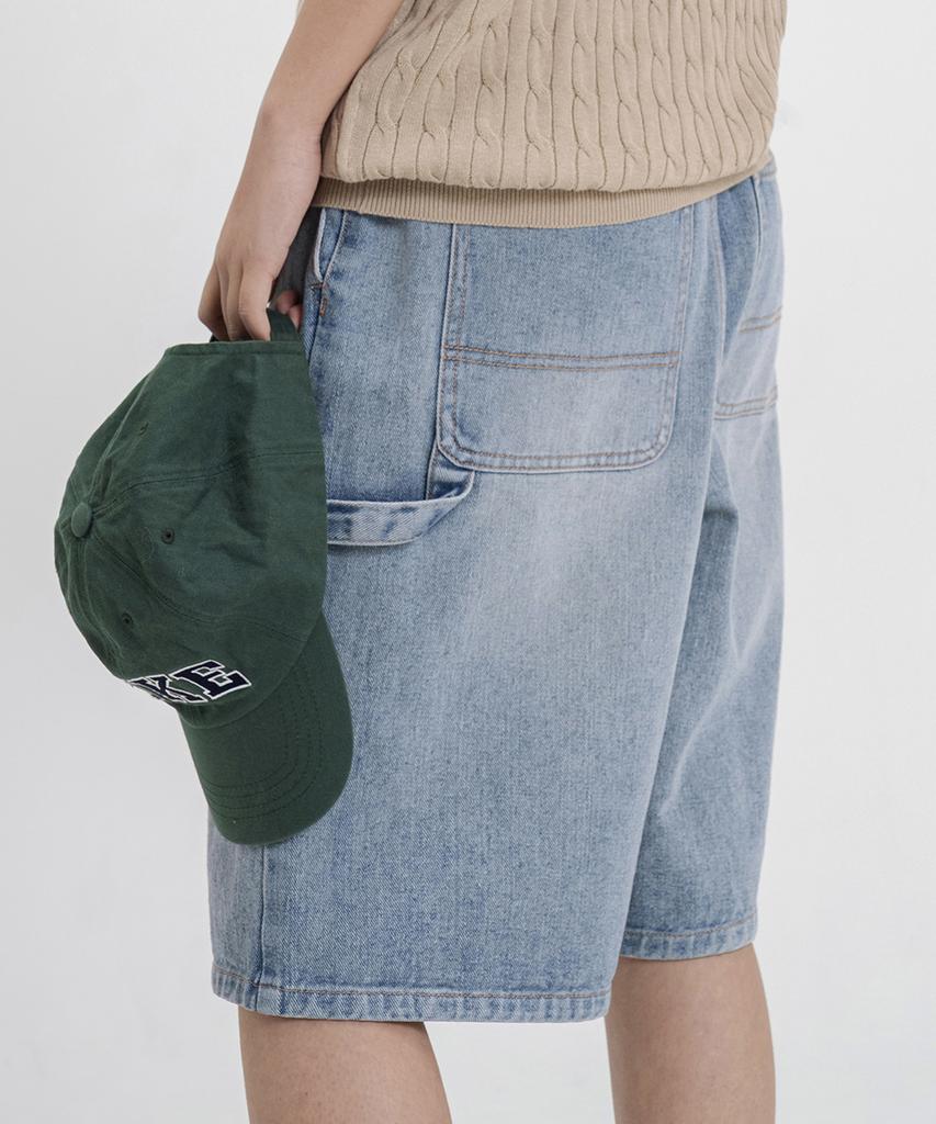 LEMAIN SECOND Bermuda Wide One-Pleat Carpenter Denim Elastic Waist Shorts [Light Wash]