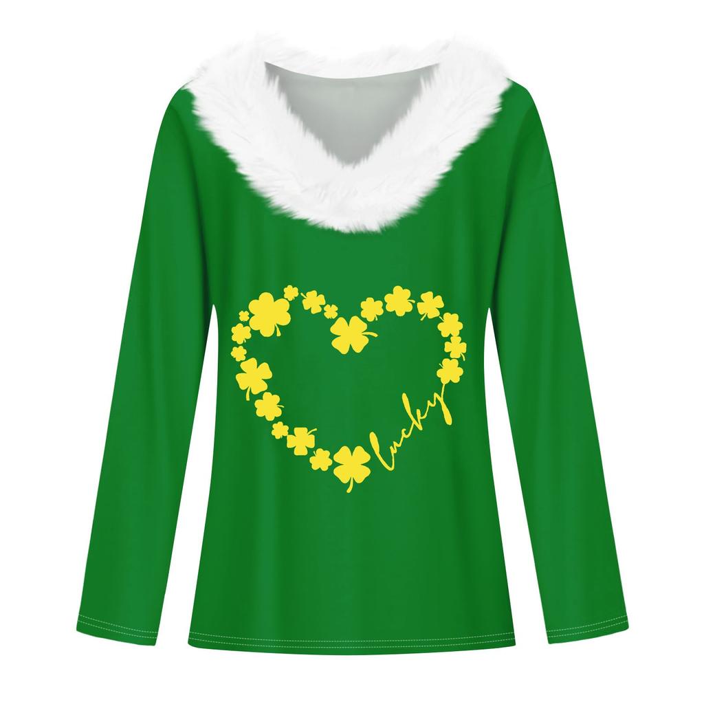 Женская футболка St. Рубашка с принтом Патрика, длинный рукав, праздничная атмосфера, флисовый воротник, топ с V-образным вырезом