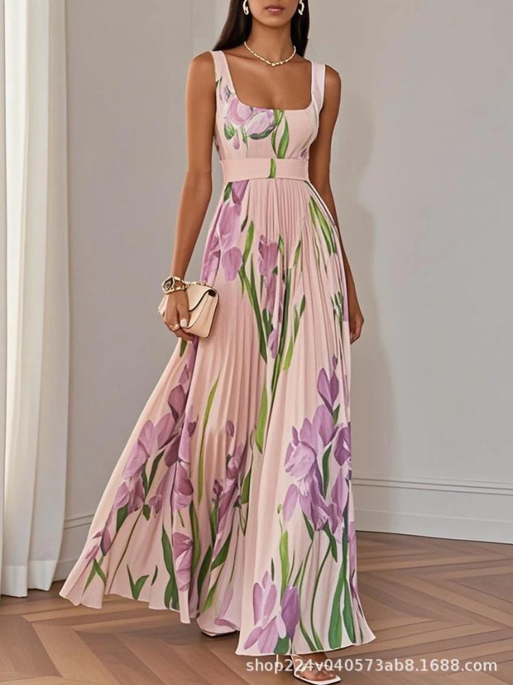 Женское платье макси с цветочным принтом и оборкой по подолу, сине-зеленый цветочный узор, элегантное длинное платье А-силуэта