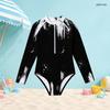 Girls High Neck Long Sleeve Front Zip One Piece Geometric Printed Swimsuit