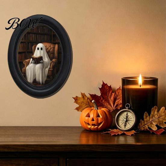 Gothic Farmhouse Decor Halloween Wooden Door Hanging Sign, Oval Black Cat Ghost Wall Plaque, Retro Painting Waterproof Art for Entryway Bedroom Cafe,