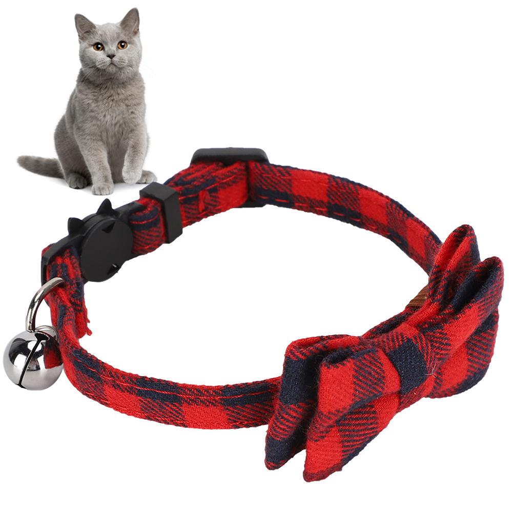 Cats Cute Bowknot Collars Plaid Tie Soft Cloth Bowtie with Bell Pets Decoration SuppliesRed