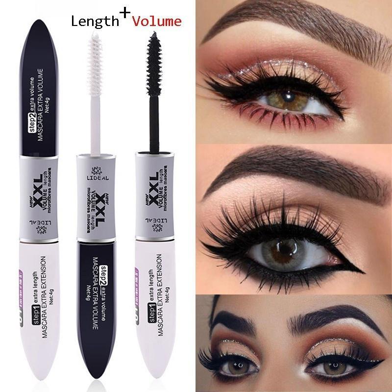 2 в 1 черная тушь для ресниц Водонепроницаемый объем из шелкового волокна с двойным эффектом Долговечный макияж для завивки глаз