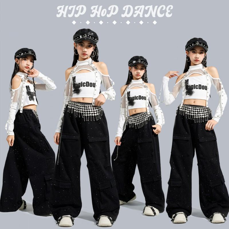 Girls Jazz Dance Outfit Hip Hop Crop Top Pants Set Kids Stage Performance Costume Fashionable Streetwear