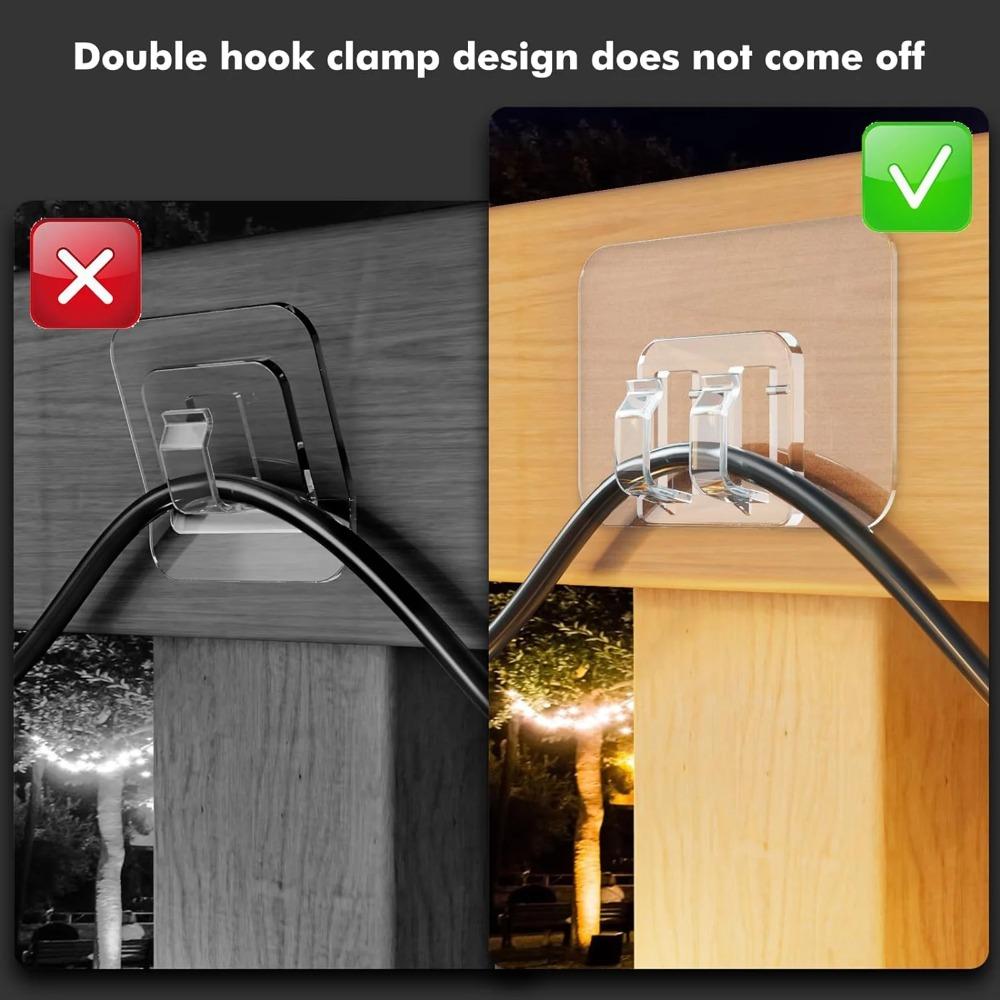 Outdoor String Light Hooks 50 Pack with Adhesive Tape - No Damage, No Tools, No Holes, Waterproof, UV Resistant