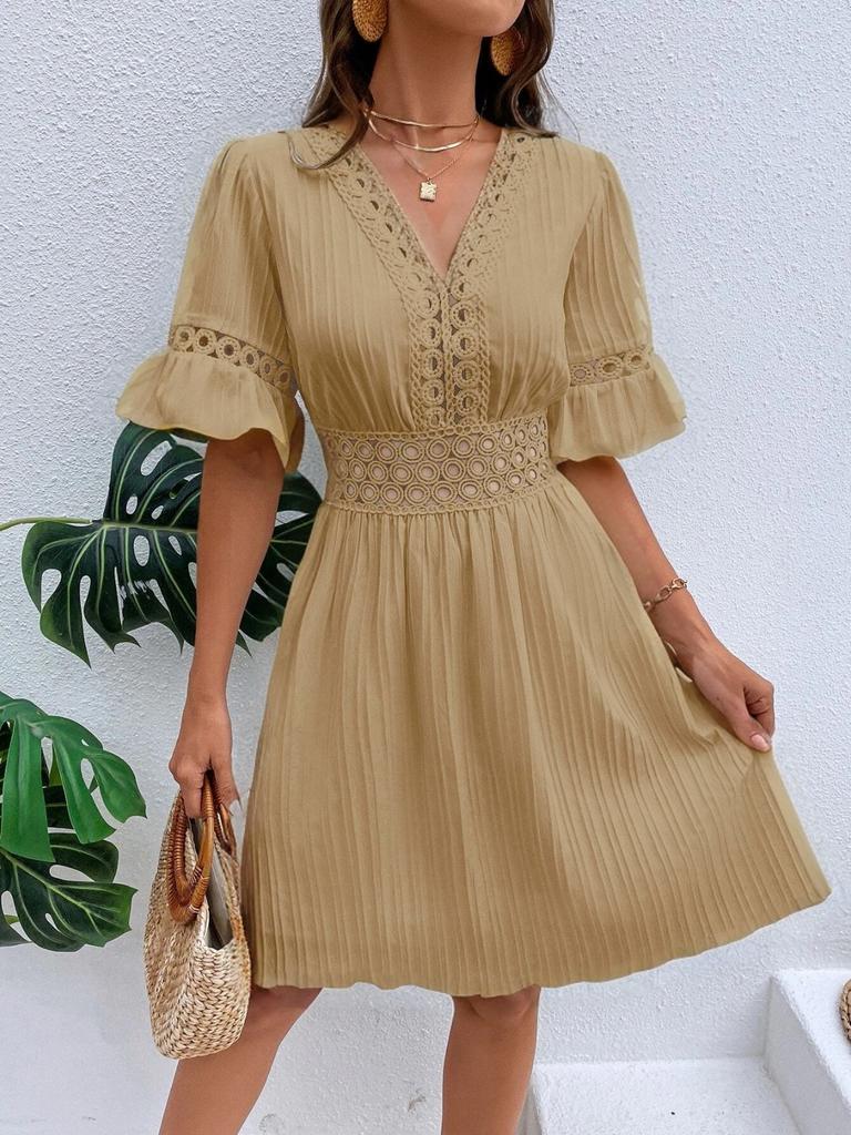 Fashion Women's Summer V Neck Casual Fashion Solid Color Pullover  Dress