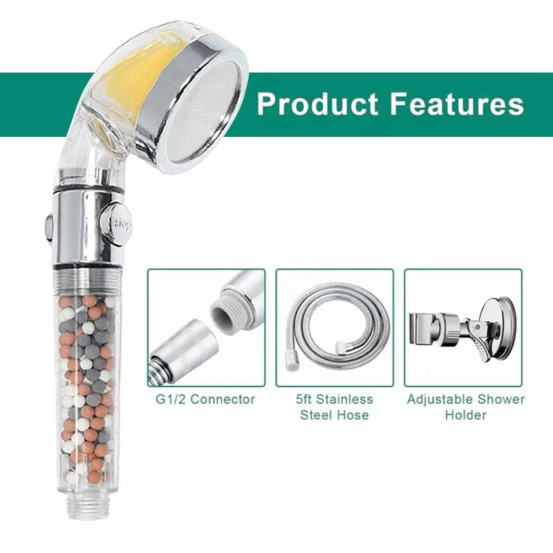Vitamin C Eco-Friendly Hand Shower Chrome Finish 5 FT Stainless Steel Hose 3 Way Valve Diverter Adjustable Shower Holder Shower