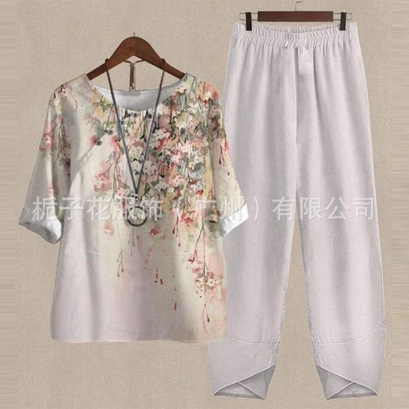 1116 new women's clothing, casual round neck five-quarter sleeve top, digital printing women's two-piece suit