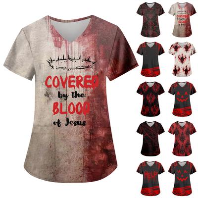 Женская модная повседневная футболка с принтом на Хэллоуин и карманом