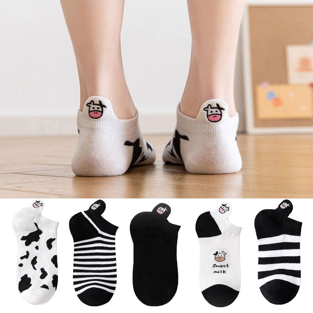 Black White Cute Cartoon Super Thin Women's Socks Boat Socks Striped Cow Socks Ankle Short Socks