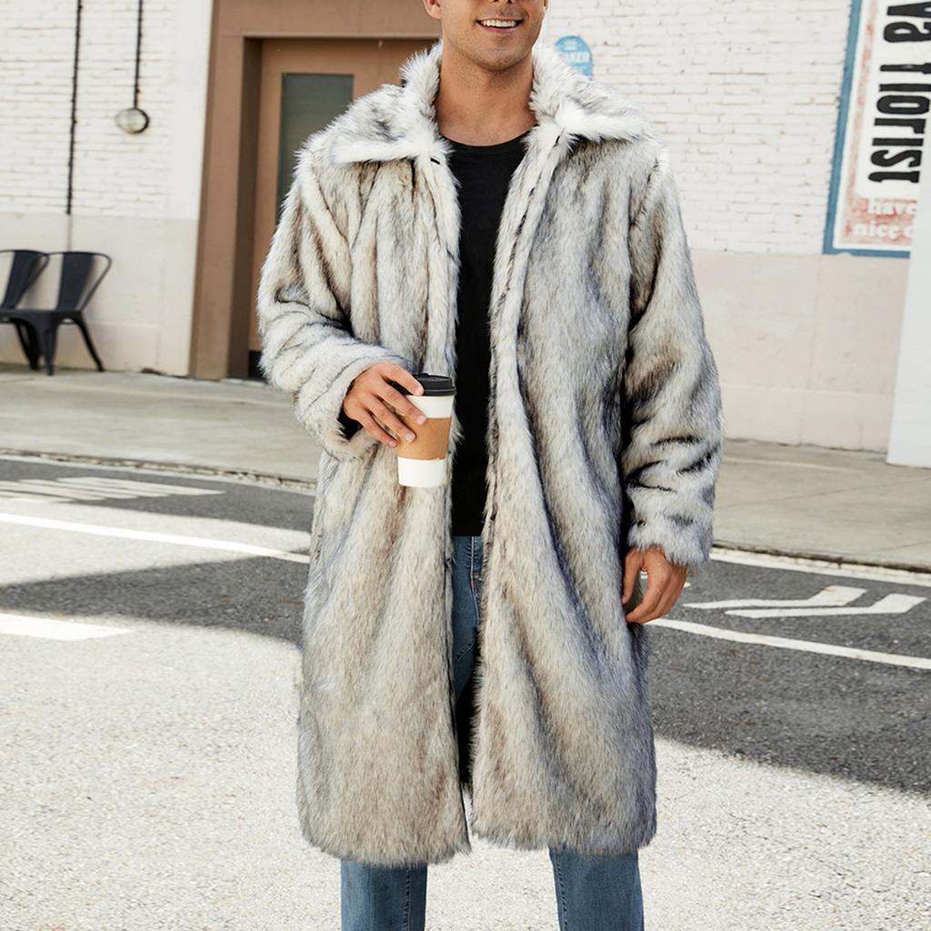 Men's Faux Animal Hair Long Coat Warm Overcoat Turn Down Collar Coat Cardigan Winter Fuzzy Fleece Jacket Open Front
