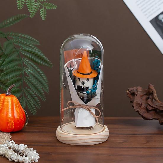 LED Clear Dome Pumpkin Night Light Halloween Pumpkin Figurine In Cloche with LED Light for Home Kitchen Mantel Tabletop Decor