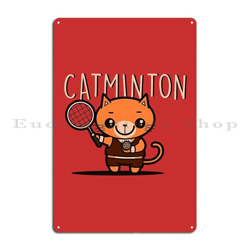 Кэтминтон Милый Кавайный Кот Занимающийся Спортом Бадминтон Металлическая Табличка Постер Настенный Паб Смешной Винтажный Винтажный Принт Жестяная Табличка Постер