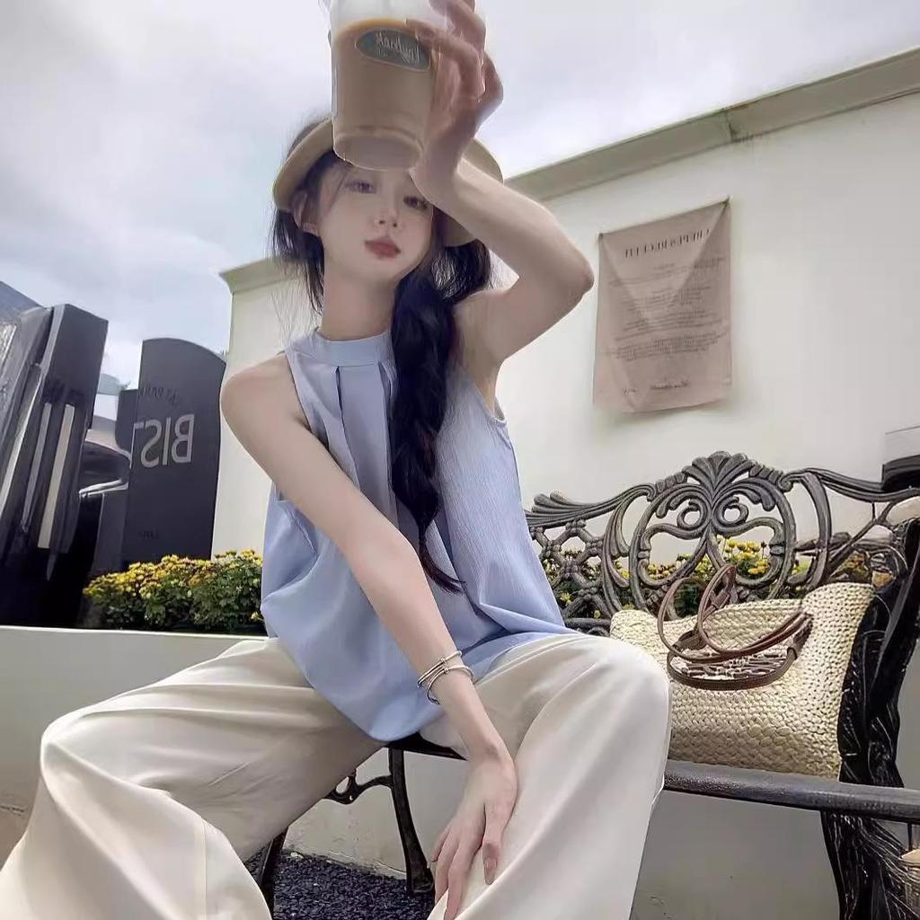 Шикарный французский синий плиссированный топ без рукавов для женщин - модный летний дизайн