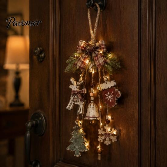 Country Style Home Ornament Gift Rustic Christmas Wooden Hanging Pendant with LED Lights, Lighted Snowflake Gloves Tree And Reindeer Wood Holiday