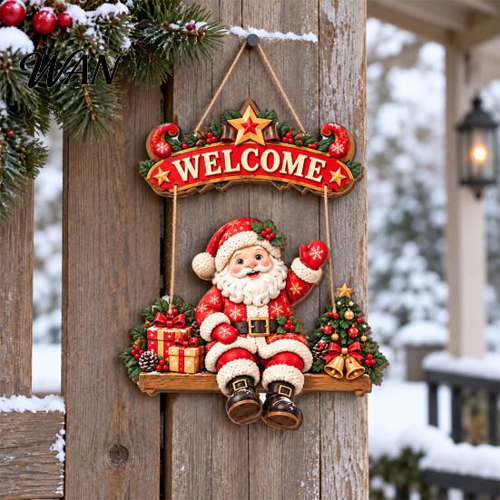 Rustic Christmas Welcome Sign for Front Door, 2D Flat Santa Claus/Snowman/Elk Swinging Wooden Traditional Ornaments Hanging Sign, Holiday Door Hanger