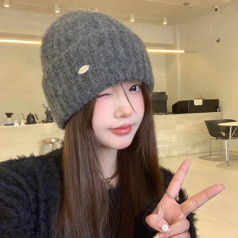 Синяя шерстяная шапка женская осенне-зимняя универсальная для лица маленькая вязаная шапка большой окружности головы зимняя теплая шапка с защитой ушей