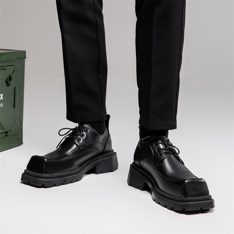 New Square Head Derby Shoes Men's Business Leisure Retro Original Niche Design Thick Sole Height Increase Small Leather Shoes