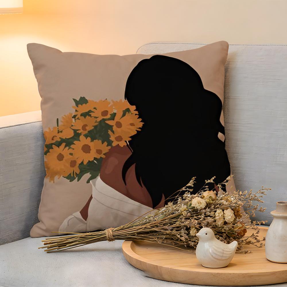 Cushion Cover Linen SkinFriendly Soft Decorative Case For Sofa Home Decor Black Woman Art Anime Pillow cover