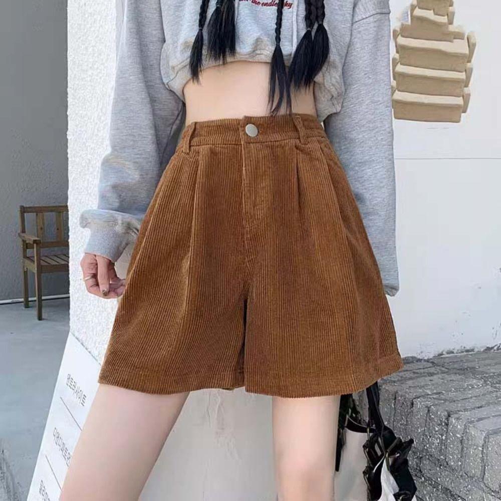 Stripe Women Corduroy Shorts High Waist Loose Streetwear Casual Wide Leg Short Pants Ladies