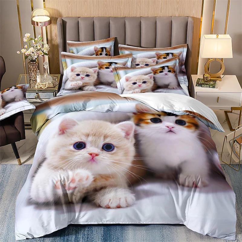 Cute Kitten Bed Cover Full Set For Girls, Single Bedding Set, Microfiber Quilt Cover With Pillowcases, Cute Little Kitten, 135x2