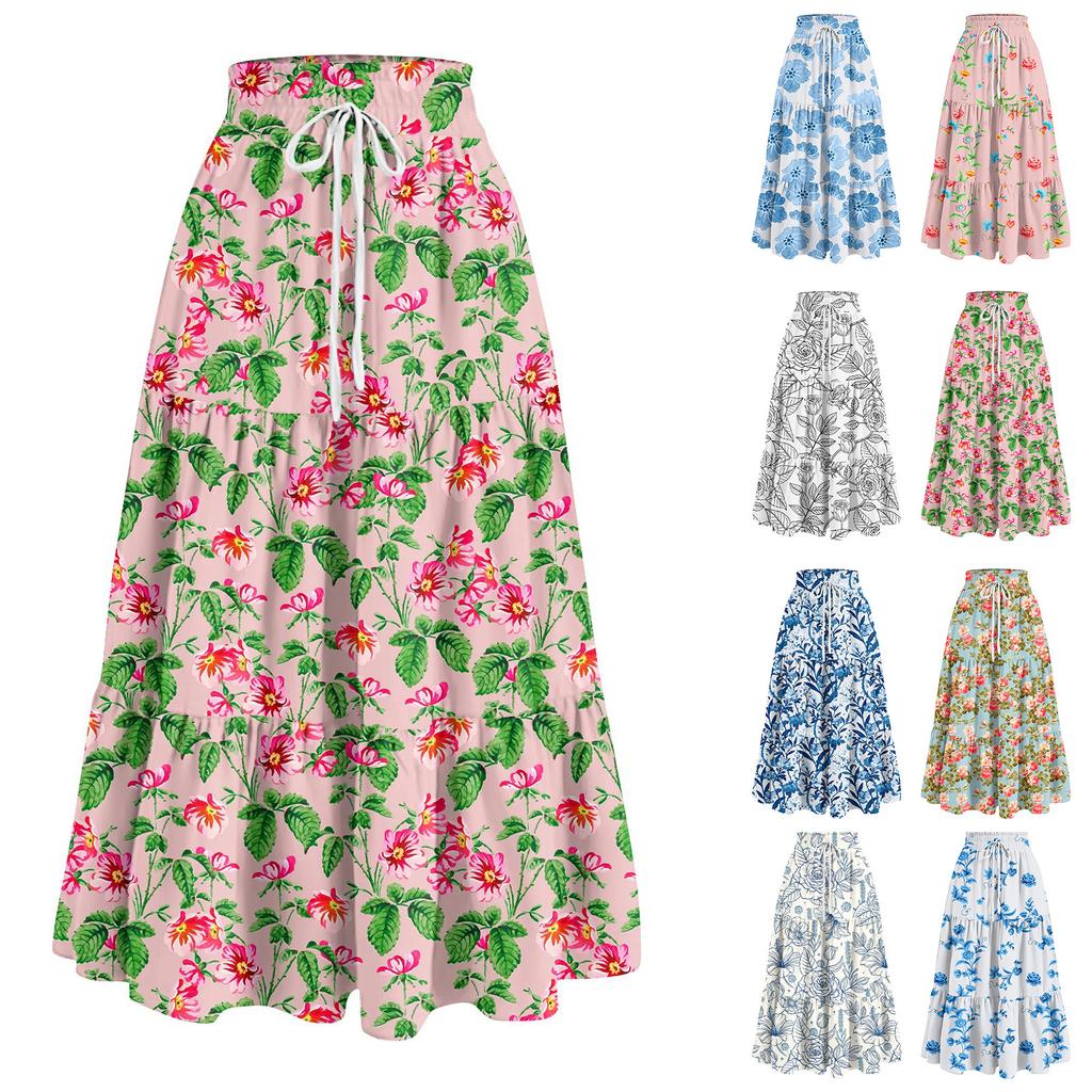 Women's Ruffled Spring Casual Long Skirt Plain Color Skirt Retro Pleated Skirt