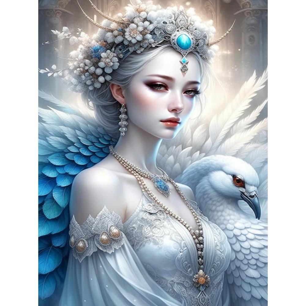 White Peacock and Girl 5D Full Round Diamond Painting Kits Zen Art Buddhist Sculpture DIY Drills Mosaic Embroidery Cross-stitch J3954