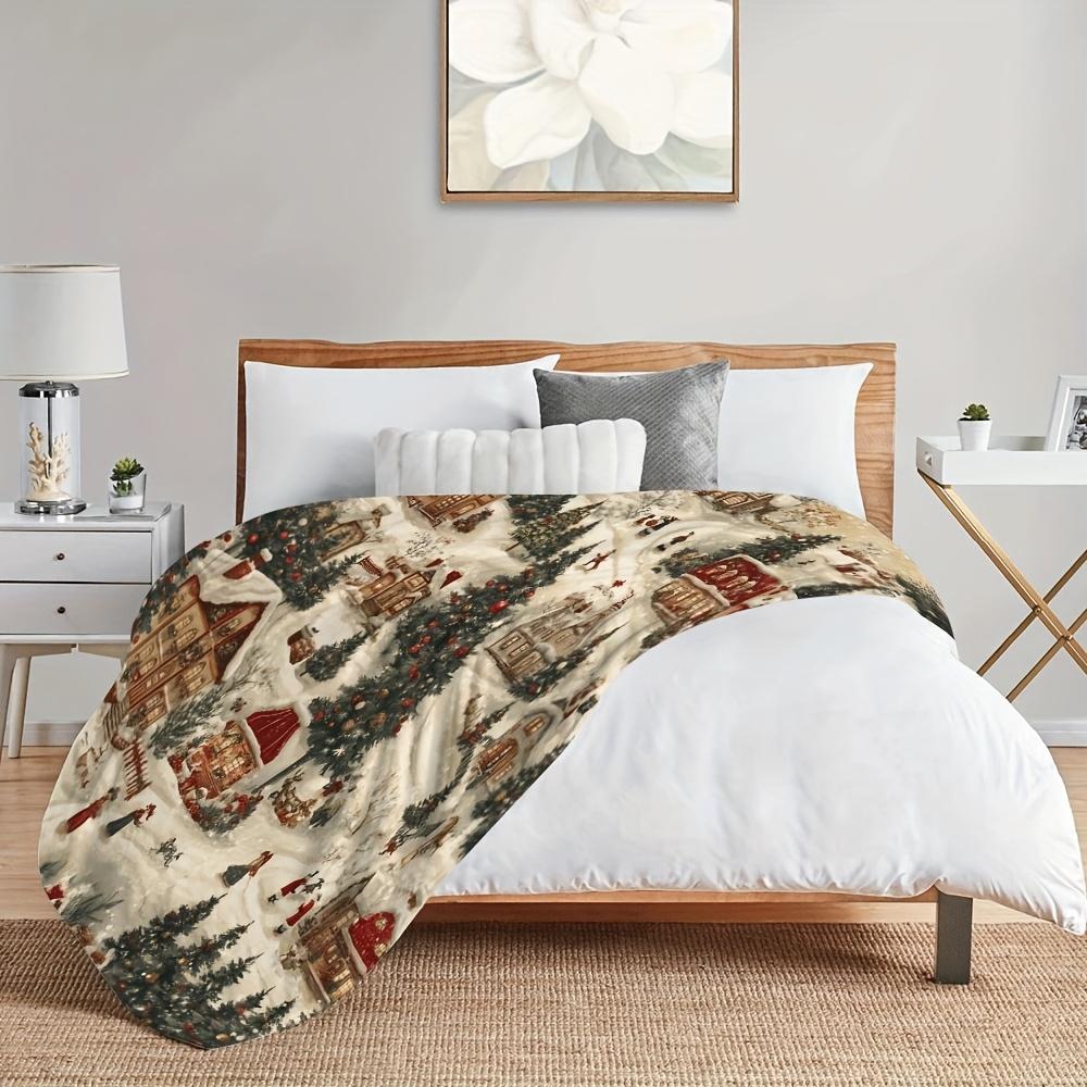 Рождественский плед «Снежная деревня» - Мягкий Теплый Плюшевый | Всесезонный плед для дивана, кровати, путешествий, кемпинга, праздничный декор