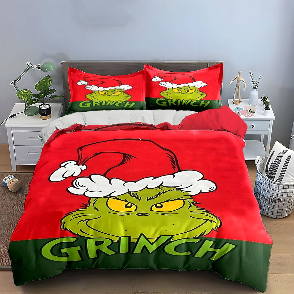Grinch Christmas Santa Hat Bedding Duvet Cover Set Duvet Cover Pillowcases (1*Duvet Cover 2*Pillowcases, without duvet insert)