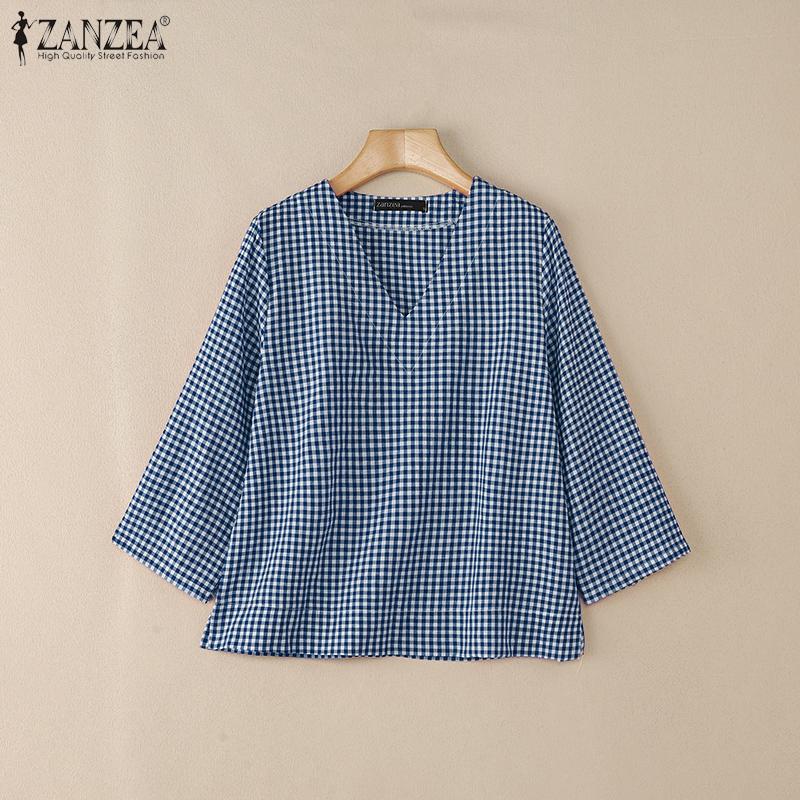 ZANZEA Женская повседневная блузка с V-образным вырезом, рукавами 3/4 и свободным кроем, в клетку