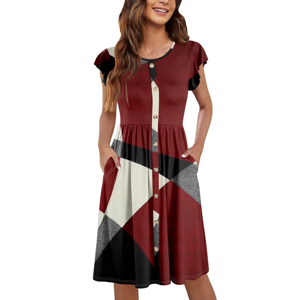 Женские летние платья с круглым вырезом и рукавами-крылышками, повседневные свободные платья-миди с карманами на пуговицах и принтом