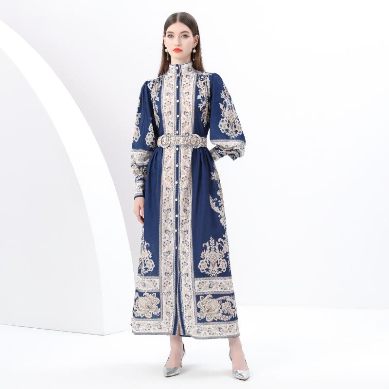 Весна-лето Женские платья больших размеров с винтажным дворцовым принтом, однобортные, длинные, макси, свободные, для праздников, с поясом