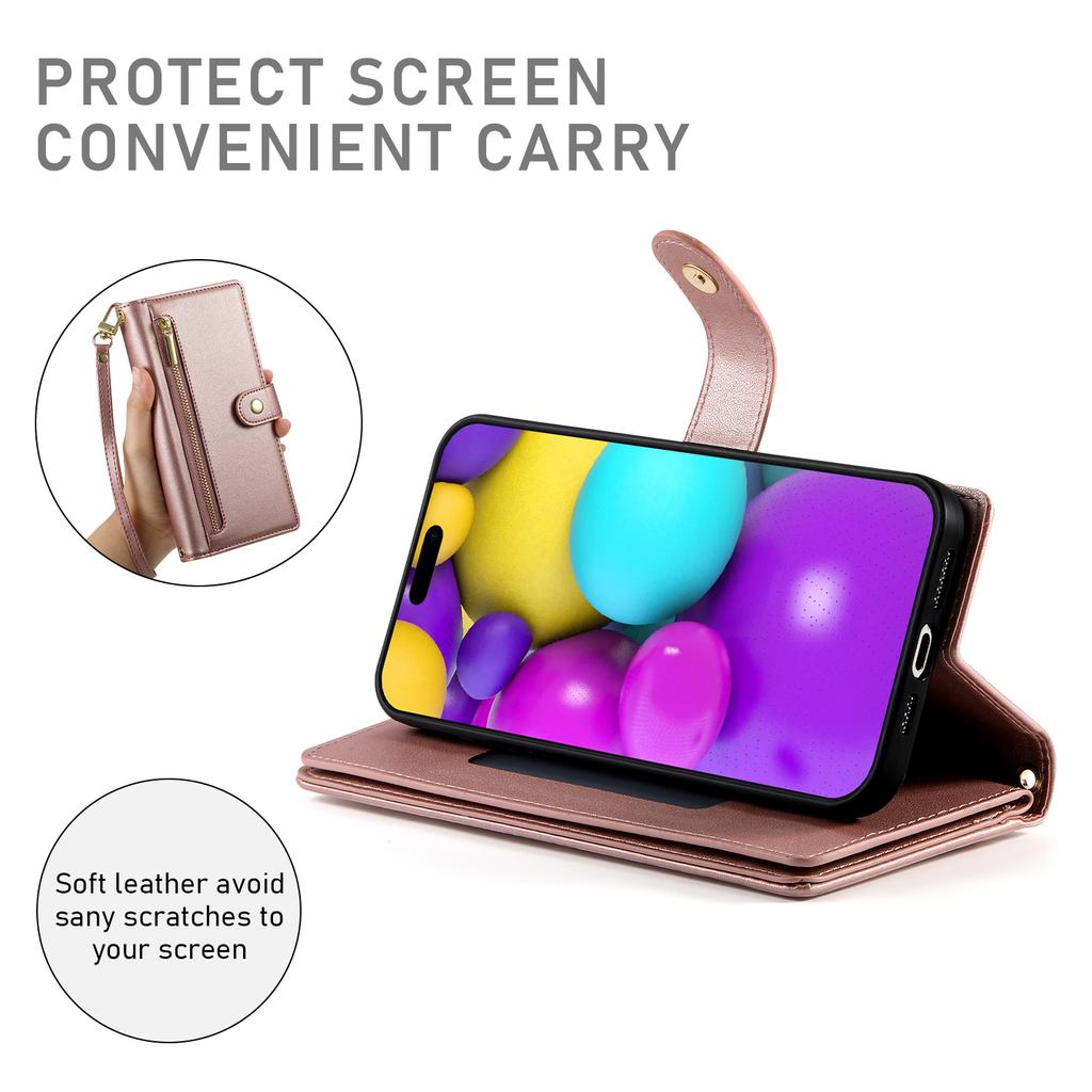 DF-011 For iPhone 16 Case Anti-Drop Leather Wallet Phone Cover with Long / Short Straps