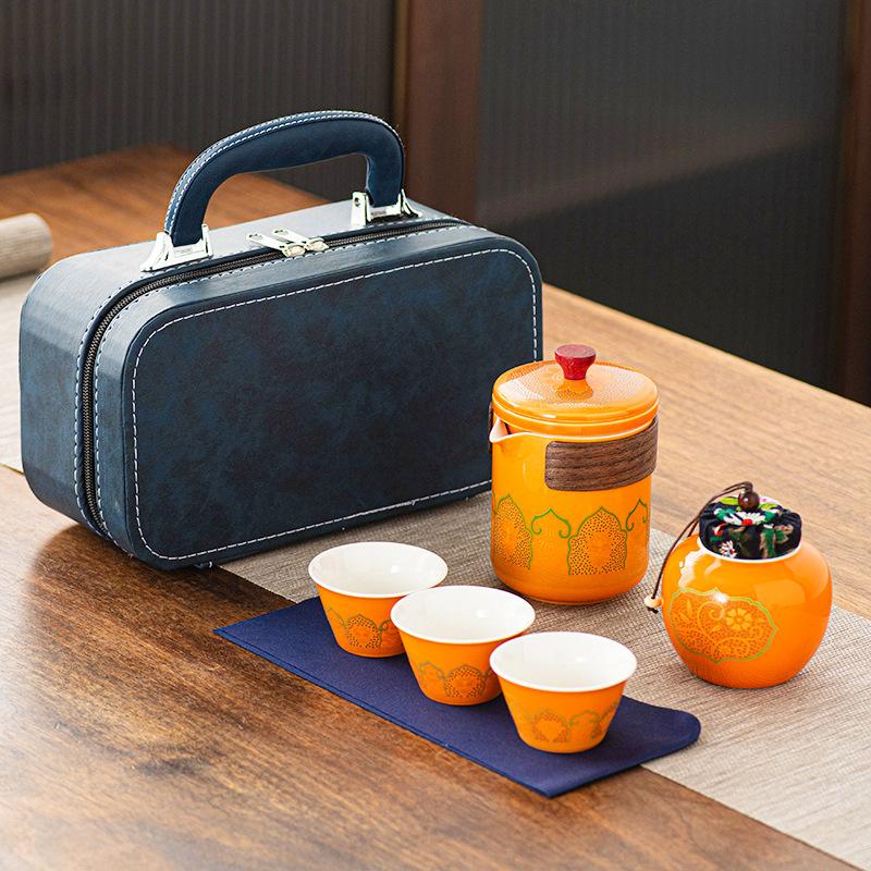 Ceramic travel tea set, portable bag, Kuaike cup, tea can, complete set, Kung Fu tea set, souvenir gift, business gift.