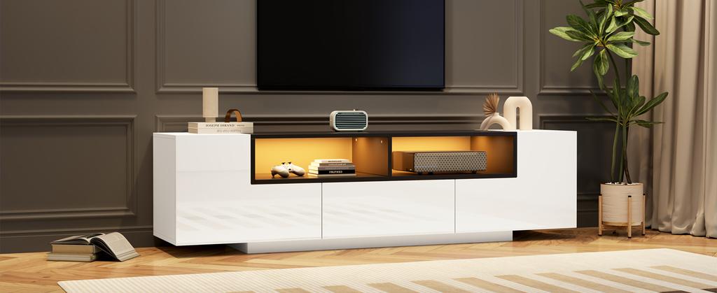 180*40*48cm Freestanding TV Cabinet with LED Light, L-Shape and Drawers, High-Gloss White, Suitable for 75-Inch TVs, White+Black
